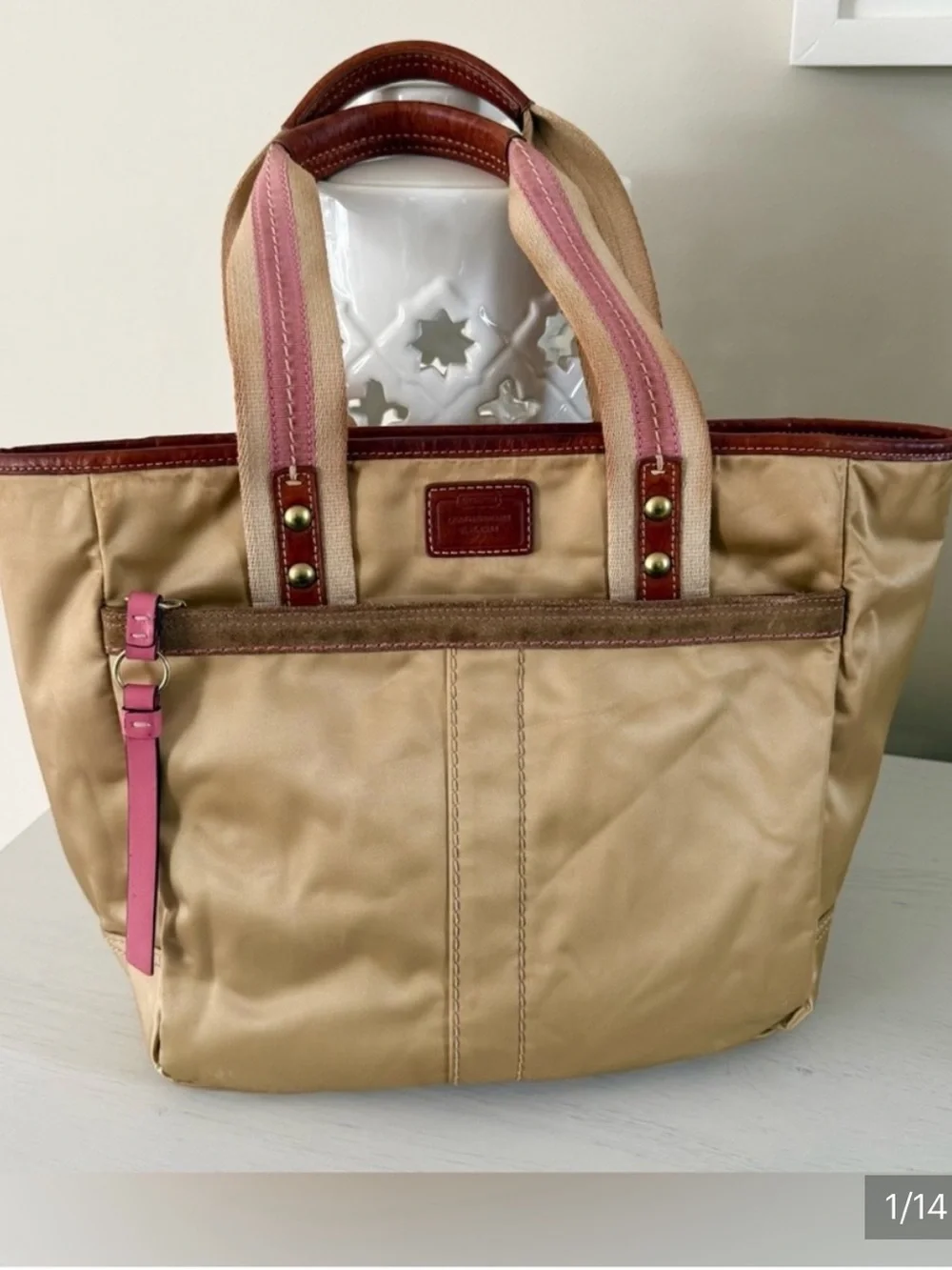 Vintage Y2K Coach Hamptons Champagne Gold Satin & Suede Tote Bag Pink C Lining